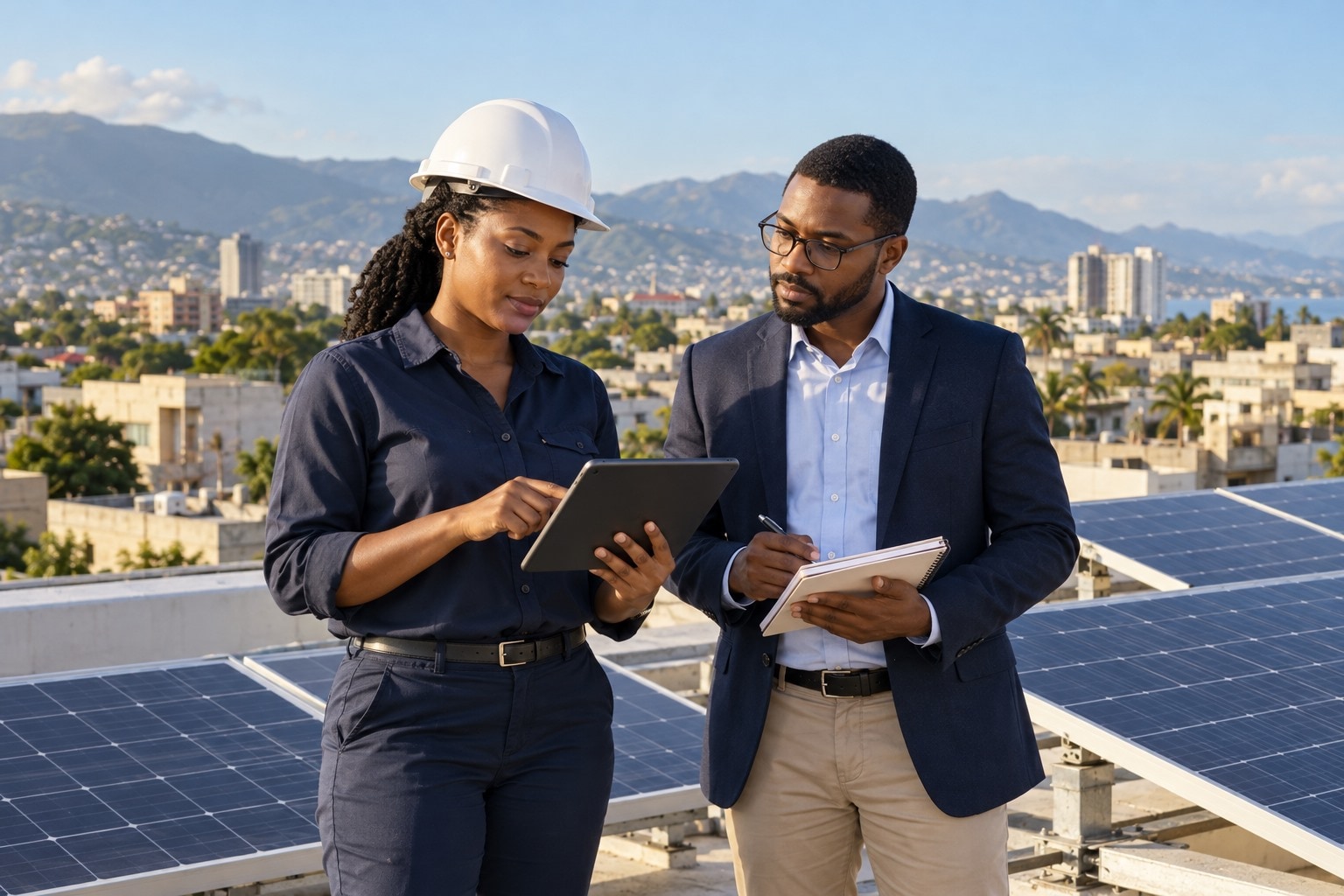 Une professionnelle et un conseiller examinent un projet sur site.
